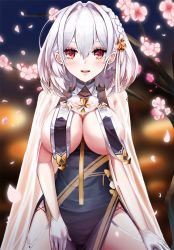 Rule 34 | 1girl, azur lane, blush, braid, breasts, china dress, chinese clothes, cleavage, commentary request, dress, flower, hair between eyes, large breasts, looking at viewer, red eyes, short hair, short sleeves, sirius (azur lane), sirius (azure horizons) (azur lane), solo, sora (men0105), white flower, white hair, white legwear
