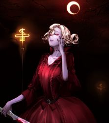 Rule 34 | 1girl, blonde hair, blood, bloody weapon, colored sclera, dress, glass shard, hand up, highres, holding, holding glass shard, holding knife, identity v, knife, lamppost, mary (identity v), moon, night, night sky, outdoors, pale skin, red dress, red sclera, short hair, sky, solo, standing, utsuginoki, weapon