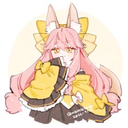 Rule 34 | 1girl, animal ear fluff, animal ears, blush stickers, bow, fate/samurai remnant, fate (series), fox ears, fox tail, hair bow, japanese clothes, kimono, long hair, looking at viewer, nibinibi1030, pink hair, short eyebrows, sketch, sleeves past fingers, sleeves past wrists, smile, solo, tail, tamamo (fate), tamamo aria (fate), wide sleeves, yellow eyes, yellow kimono