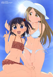 Rule 34 | 2girls, absurdres, age difference, barefoot, bikini, blue eyes, blue hair, blush, breasts, brown eyes, brown hair, cleavage, clenched hand, closed mouth, day, eyebrows, eyes visible through hair, flat chest, frilled bikini, frills, from side, grey hair, groin, hair bobbles, hair ornament, hand on own thigh, hand up, happy, hat, highres, hip focus, large breasts, legs together, light smile, long hair, looking at another, looking at viewer, looking down, magazine scan, megami magazine, multiple girls, navel, official art, one side up, ooya-san wa shishunki, open mouth, outdoors, outstretched arm, polka dot, polka dot bikini, red bikini, satonaka chie (ooya-san wa shishunki), scan, seiza, shimizu atsuki, shirai reiko, short hair, side-tie bikini bottom, sideboob, sidelocks, sitting, smile, sun, sun hat, swimsuit, v, white bikini, white hat, yellow eyes