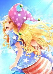 Rule 34 | 1girl, american flag dress, american flag legwear, arano oki, ass, blonde hair, clownpiece, day, dress, hat, jester cap, long hair, neck ruff, no wings, open mouth, outdoors, pantyhose, polka dot, red eyes, short dress, short sleeves, solo, star (symbol), star print, striped, touhou, water, wavy hair, wet, wet clothes