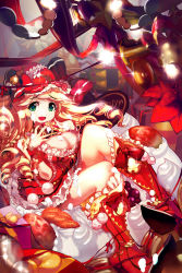 Rule 34 | 1girl, :d, aqua eyes, bell, blonde hair, boots, bow, breasts, cake, christmas, cleavage, drill hair, food, food on body, fruit, gift, hair bow, highres, jingle bell, kurimaru (prrumina), large breasts, long hair, looking at viewer, miniskirt, open mouth, original, sitting, skirt, smile, solo, strawberry, wrist cuffs