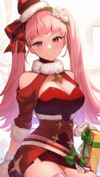 Rule 34 | 1girl, bare shoulders, blush, bow, box, breasts, christmas, cleavage cutout, closed mouth, clothing cutout, commentary, dress, fire emblem, fire emblem: three houses, fire emblem heroes, flower, fur-trimmed sleeves, fur collar, fur trim, gift, gift box, gloves, hair bow, hair flower, hair ornament, hat, highres, hilda valentine goneril, large breasts, long hair, long sleeves, looking at viewer, nakabayashi zun, nintendo, official alternate costume, pink eyes, pink hair, red bow, red dress, red hat, rose, santa costume, santa hat, shoulder cutout, signature, sitting, smile, solo, thighs, twintails, very long hair, white flower, white gloves, white rose
