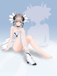 Rule 34 | 1girl, absurdres, bandaged leg, bandages, bare shoulders, barefoot, breasts, brown eyes, brown hair, closed mouth, collarbone, dress, full body, hair ornament, hand on floor, highres, legs, liv (punishing: gray raven), looking at viewer, medium breasts, on floor, panties, pantyshot, punishing: gray raven, shadow, shoes, short hair, shou xin, simple background, single shoe, solo, thighs, torn clothes, torn dress, underwear, white dress, white footwear, white panties