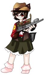 Rule 34 | 1girl, brown hair, cowboy hat, crossover, female focus, frills, full body, glasses, gloves, gun, hat, heart, heart of string, lace, lowres, original, parody, red eyes, red sniper (tf2), ribbon, rifle, simple background, skirt, sniper (tf2), sniper rifle, socks, solo, sunglasses, team fortress 2, touhou, trigger discipline, vest, weapon, white background, white theme, wrist cuffs
