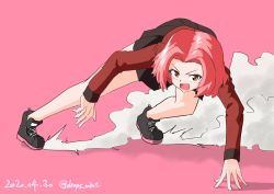Rule 34 | 1girl, absurdres, arm support, black footwear, brown eyes, cross-laced footwear, dated, drops mint, dust cloud, full body, girls und panzer, highres, leaning forward, leaning to the side, looking at viewer, medium hair, open mouth, pink background, red hair, rosehip (girls und panzer), shadow, shoes, sliding, smirk, solo, st. gloriana&#039;s military uniform, twitter username, v-shaped eyebrows