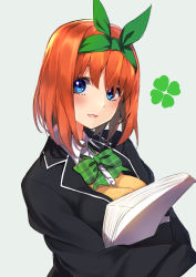 Rule 34 | 1girl, black jacket, blazer, blue eyes, bow, bowtie, breasts, brown hair, go-toubun no hanayome, green bow, green skirt, hair between eyes, highres, holding, jacket, kagari liroi, large breasts, looking at viewer, nakano yotsuba, open mouth, paper, pleated skirt, school uniform, shirt, skirt, smile, solo, stack, sweater, sweatervest, white background, white shirt, yellow sweater