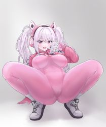 Rule 34 | 1girl, alice (nikke), animal ear headphones, animal ears, bad id, bad pixiv id, bodysuit, breasts, cameltoe, cat ear headphones, fake animal ears, goddess of victory: nikke, headphones, highres, large breasts, latex, latex bodysuit, looking at viewer, minishell, open mouth, pink bodysuit, pink eyes, shiny clothes, shoes, skin tight, squatting, twintails, v, white hair
