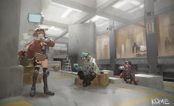 Rule 34 | 1boy, 2girls, 2others, aciddrop (arknights), ahoge, arknights, artist name, black legwear, blue hair, bottle, box, brown hair, commentary, crown, dark-skinned male, dark skin, doctor (arknights), drinking, ethan (arknights), eyewear on head, frischenq, goggles, head wings, holding, holding bottle, holding polearm, holding skateboard, holding weapon, horns, horns through headwear, indoors, infection monitor (arknights), jacket, knee pads, ladder, lancet-2 (arknights), lizard tail, long hair, multiple girls, multiple others, neckerchief, pointy ears, polearm, red hair, red jacket, short hair, sitting, sitting on box, skateboard, symbol-only commentary, tail, thighhighs, very long hair, vigna (arknights), water bottle, weapon, white jacket, wings, yellow neckerchief
