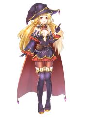 Rule 34 | 1girl, :d, belt pouch, black footwear, black gloves, black hat, black pantyhose, blonde hair, boots, breasts, cape, cleavage, frills, gloves, hat, highres, knee boots, meshiuma tarou, open mouth, original, pantyhose, pointing, pointing up, pouch, red cape, red eyes, small breasts, smile, solo, twintails, wide sleeves, witch hat