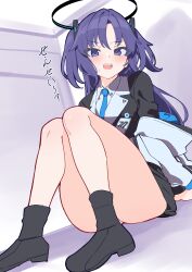 Rule 34 | 1girl, absurdres, arm support, ass, bare legs, black footwear, black jacket, black skirt, blue archive, blush, boots, halo, highres, id card, jacket, knees up, looking at viewer, miniskirt, purple eyes, purple hair, sitting, skirt, solo, sutora binsuke, sweatdrop, thighs, translation request, two side up, yuuka (blue archive)