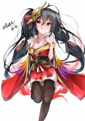 Rule 34 | 1girl, aged down, ahoge, azur lane, black hair, black thighhighs, commentary request, crossed bangs, highres, japanese clothes, kimono, licking lips, long hair, looking at viewer, mask, mask on head, mutou mame, off shoulder, red eyes, red kimono, taihou (azur lane), thighhighs, tongue, tongue out, translation request, twintails