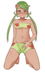 Rule 34 | 1girl, bad id, bad pixiv id, bandeau, bare arms, bare shoulders, barefoot, bikini, blush, breasts, closed mouth, collarbone, commentary request, creatures (company), dark-skinned female, dark skin, embarrassed, floral print, full body, game freak, green bikini, green eyes, green hair, groin, hair ornament, highres, kneeling, long hair, looking at viewer, low twintails, mallow (pokemon), medium breasts, mil k vanilla, navel, nintendo, nose blush, pokemon, pokemon (anime), pokemon sm (anime), shiny skin, simple background, solo, spread legs, stomach, swept bangs, swimsuit, twintails, white background