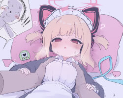Rule 34 | !, !!, 1boy, 1girl, ?, animal ear headphones, animal ears, apron, blank eyes, blonde hair, blue archive, blush, cat ear headphones, cat ears, commentary, dazed, doodle sensei (blue archive), fake animal ears, grabbing, grabbing another&#039;s breast, halo, headphones, highres, looking at viewer, lying, maid, maid apron, maid headdress, momoi (blue archive), momoi (maid) (blue archive), on back, open mouth, pink eyes, pink halo, pink pillow, ruten (onakasukusuku), sensei (blue archive), short hair, sweat
