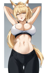 1girl animal_ears arknights arms_behind_head black_pants blemishine_(arknights) blonde_hair breasts fangs_(fangs_art) highres large_breasts long_hair looking_at_viewer navel pants simple_background solo sports_bra stomach tongue tongue_out white_sports_bra yellow_eyes yoga_pants