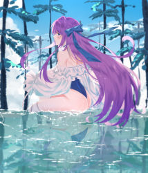 Rule 34 | 1girl, ass, back, bad id, bad pixiv id, bare shoulders, bb (fate), bb (fate/extra), blue eyes, blue ribbon, blue sky, blush, breasts, choker, cosplay, fate/extra, fate/extra ccc, fate/grand order, fate (series), frilled one-piece swimsuit, frills, hair ribbon, highleg, highleg swimsuit, highres, large breasts, long hair, long sleeves, looking at viewer, looking back, meltryllis, meltryllis (fate), meltryllis (swimsuit lancer) (fate), meltryllis (swimsuit lancer) (fate) (cosplay), meltryllis (swimsuit lancer) (second ascension) (fate), off-shoulder one-piece swimsuit, off shoulder, one-piece swimsuit, puffy sleeves, purple hair, ribbon, sitting, sky, sleeves past fingers, sleeves past wrists, swimsuit, thighs, tree, very long hair, water, white ribbon, yaner 10