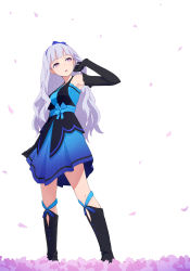 Rule 34 | 1girl, arm up, boots, dress, elbow gloves, full body, gloves, hair ribbon, highres, idolmaster, idolmaster (classic), knee boots, long hair, open mouth, petals, purple eyes, ribbon, shijou takane, silver hair, simple background, solo, standing, white background, yahiro (epicopeiidae)