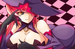 Rule 34 | 1girl, arc system works, ass, bare shoulders, black sclera, blazblue, blazblue: central fiction, breasts, cleavage, colored sclera, detached sleeves, dress, gloves, hair over one eye, hat, huge breasts, konoe a. mercury, long hair, looking at viewer, lying, lyn (shunao), on stomach, orange eyes, phantom (blazblue), pink hair, short dress, smile, solo, witch hat