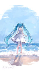Rule 34 | 1girl, absurdres, ahoge, bare arms, bare legs, blue sky, commentary request, dress, from behind, full body, green eyes, hatsune miku, highres, long hair, ocean, signature, sky, soaking feet, solo, standing, tananuki, twintails, twitter username, very long hair, vocaloid, white background, white dress
