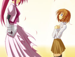 Rule 34 | 2girls, clenched hands, crossed arms, fate/stay night, fate (series), gauntlets, hair ornament, lyrical nanoha, magical girl, mahou shoujo lyrical nanoha, mahou shoujo lyrical nanoha a&#039;s, multiple girls, parody, ponytail, voice actor connection, signum, ueda kana, x hair ornament, yagami hayate