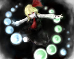 Rule 34 | 1girl, bad id, bad pixiv id, blonde hair, danmaku, embodiment of scarlet devil, female focus, goichi, hair ribbon, looking at viewer, outstretched arms, red eyes, ribbon, rumia, short hair, smile, solo, spread arms, touhou