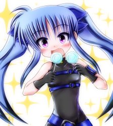 Rule 34 | 1girl, bare shoulders, belt, blue hair, blush, buckle, candy, fang, gloves, hair ribbon, lollipop, lyrical nanoha, mahou shoujo lyrical nanoha, mahou shoujo lyrical nanoha a&#039;s, mahou shoujo lyrical nanoha a&#039;s portable: the battle of aces, levi the slasher, multicolored hair, oimotti, open mouth, purple eyes, ribbon, sleeveless, solo, sparkle, swirl lollipop, twintails, two-tone hair
