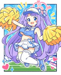 Rule 34 | 1girl, bare shoulders, blue archive, blue bow, blue eyes, bow, breasts, cheerleader, commentary, fang, halo, hanae (blue archive), hanae (cheer squad) (blue archive), heart, jumping, large breasts, legwear garter, long hair, looking at viewer, midriff, navel, onyhakase, open mouth, pleated skirt, pom pom (cheerleading), purple hair, sailor collar, shoes, skirt, sleeveless, solo, stadium, thighhighs, twintails, underboob, very long hair, visor cap, white skirt, white thighhighs, zettai ryouiki