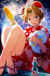 Rule 34 | 1girl, animal print, bag, bottle, brown eyes, brown hair, corn, crossed ankles, drink, feet, fireworks, floral print, flower, food, grilled corn, hair flower, hair ornament, hayasaka akira, holding, holding bag, holding food, japanese clothes, kimono, knees up, long sleeves, mask, mask on head, night, non-web source, obi, official art, open mouth, outdoors, photoshop (medium), popcorn, rabbit mask, rabbit print, ramune, red kimono, sandals, sash, solo, super real mahjong, tanaka ryou, toes, updo, wide sleeves