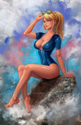 Rule 34 | 1girl, bare legs, barefoot, blonde hair, blue eyes, blue one-piece swimsuit, breasts, cleavage, cloud, eyewear on head, feet, justin paul, large breasts, lips, long hair, looking at viewer, metroid, mole, mole under mouth, nintendo, ocean, one-piece swimsuit, ponytail, rock, samus aran, shiny clothes, shiny skin, sitting, sitting on rock, skin tight, skindentation, solo, sunglasses, swimsuit, thick lips, thighs, toes, toned, wet