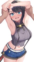 Rule 34 | 1girl, absurdres, armpits, arms up, black hair, blush, commentary request, green eyes, highres, hololive, kajitsu no hito, looking at viewer, meme attire, midriff, navel, official alternate costume, oozora subaru, oozora subaru (work), open mouth, pinstripe pattern, pinstripe shirt, restrained, shirt, short hair, shorts, sleeveless, striped clothes, striped shirt, suspender shorts, suspenders, sweat, sweatdrop, swept bangs, vertical-striped clothes, vertical-striped shirt, virtual youtuber, white background