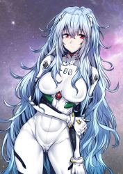 Rule 34 | 1girl, absurdres, alternate breast size, alternate hair length, alternate hairstyle, ayanami rei, blue hair, bodysuit, breasts, curvy, evangelion: 3.0+1.0 thrice upon a time, female focus, gggg, hair between eyes, highres, holding own arm, long hair, neon genesis evangelion, plugsuit, rebuild of evangelion, red eyes, shiny clothes, solo, spoilers, tight clothes, very long hair, white bodysuit