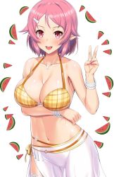 Rule 34 | 1girl, bare shoulders, bikini, blush, bracelet, breasts, cleavage, fairy, food, fruit, hair ornament, highres, jewelry, kawase seiki, large breasts, lisbeth (sao), looking at viewer, necklace, open mouth, pink eyes, pink hair, pointy ears, short hair, simple background, smile, solo, swimsuit, sword art online, v, watermelon, white background, yellow bikini