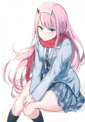 Rule 34 | 10s, 1girl, black socks, blue jacket, blue neckwear, blush, closed mouth, darling in the franxx, feet out of frame, green eyes, hairband, highres, horns, invisible chair, jacket, kneehighs, kou v05first, long hair, long sleeves, looking at viewer, miniskirt, open clothes, open jacket, own hands together, pink hair, pleated skirt, red scarf, scarf, school uniform, shirt, simple background, sitting, skirt, smile, socks, solo, straight hair, striped neckwear, tsurime, very long hair, white background, white hairband, white shirt, zero two (darling in the franxx)