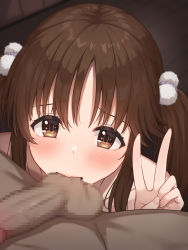 Rule 34 | 1boy, 1girl, brown eyes, brown hair, censored, commentary request, completely nude, fingernails, hetero, highres, idolmaster, idolmaster cinderella girls, idolmaster cinderella girls starlight stage, kurowan, licking, licking testicle, looking at viewer, mosaic censoring, nude, oral, penis, solo focus, testicles, totoki airi, upper body, v