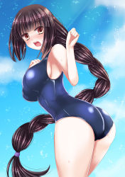 Rule 34 | 1girl, ass, black hair, blush, braid, breasts, brown eyes, hime cut, itsumoto hiroharu, large breasts, long hair, one-piece swimsuit, open mouth, original, single braid, solo, swimsuit, very long hair