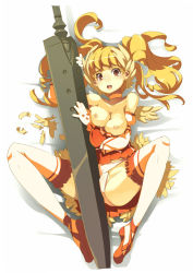 Rule 34 | 1girl, blonde hair, breasts, brown eyes, choker, clothes pull, fantasy earth zero, feathers, female focus, full body, long hair, lying, nipples, open mouth, panties, shirt pull, solo, spread legs, super zombie, sword, thighhighs, topless, twintails, underwear, weapon, white background, wings