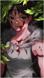 Rule 34 | 1girl, arms at sides, artist name, bad id, bad pixiv id, bare arms, blood, blood on clothes, blood on face, breasts, brown eyes, brown hair, collarbone, commentary request, earrings, facepaint, facial mark, fur, highres, ibuo (ibukht1015), jewelry, looking at viewer, medium breasts, mononoke hime, necklace, plant, san (mononoke hime), short hair, solo, studio ghibli, tooth necklace