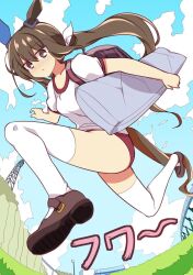 Rule 34 | 1girl, admire vega (umamusume), alternate eye color, animal ears, backpack, bag, blue sky, bow, brown eyes, brown footwear, brown hair, buruma, closed mouth, cloud, cloudy sky, commentary request, ear covers, grass, highres, horse ears, horse girl, horse tail, loafers, long hair, long sleeves, looking at viewer, outdoors, red buruma, running, shirt, shoes, single ear cover, sky, solo, tail, thighhighs, umamusume, very long hair, wahiko (black bastard), white bow, white shirt, white thighhighs