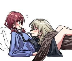 Rule 34 | 2girls, anjuro zeeku, between legs, black sweater, blue eyes, blue sweater, blush, brown hair, closed mouth, commentary, eye contact, girls band cry, grey eyes, highres, hug, iseri nina, kawaragi momoka, light brown hair, long hair, looking at another, low twintails, multicolored hair, multiple girls, open mouth, pillow, roots (hair), short hair, short twintails, sidelocks, simple background, sweater, twintails, white background, yuri