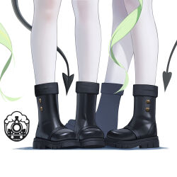 Rule 34 | 2girls, black footwear, blue archive, boots, commentary, demon tail, english commentary, feet only, footwear focus, green hair, highres, hikari (blue archive), logo, lower body, multiple girls, nozomi (blue archive), pantyhose, siblings, simple background, sisters, tail, ttt (5274293), twins, white background, white pantyhose