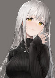 Rule 34 | 1girl, black sweater, blush, breasts, closed mouth, commentary, earrings, grey background, hand in own hair, haori io, head tilt, highres, jewelry, lips, long hair, long sleeves, looking at viewer, medium breasts, necklace, original, ribbed sweater, silver hair, simple background, sleeves past wrists, smile, solo, sweater, turtleneck, turtleneck sweater, upper body, yellow eyes