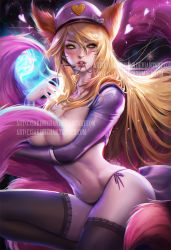 Rule 34 | 1girl, ahri (league of legends), alternate costume, animal ears, blonde hair, breasts, cleavage, energy ball, facial mark, fox ears, fox tail, hat, headset, heart, league of legends, panties, peaked cap, popstar ahri, realistic, sakimichan, solo, tail, thighhighs, thong, underwear, whisker markings, whiskers, yellow eyes