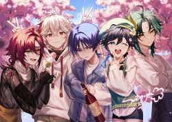 5boys absurdres ahoge alcohol alternate_costume bishounen black_hair blue_hair blush bottle braid brown_hair cherry_blossoms closed_mouth commentary crossed_arms crossed_bangs dango day double_v english_commentary facial_mark flower food forehead_mark genshin_impact green_eyes green_hair hat highres holding holding_bottle holding_food hood hoodie ice_s_s_z jacket kaedehara_kazuha long_hair long_sleeves looking_at_viewer male_focus multicolored_hair multiple_boys one_eye_closed open_mouth outdoors pants petals red_eyes red_hair sanshoku_dango scaramouche_(genshin_impact) shikanoin_heizou shorts signature sky sparkle streaked_hair sweat twin_braids v venti_(genshin_impact) wagashi wanderer_(genshin_impact) xiao_(genshin_impact) yellow_eyes