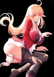 Rule 34 | 1girl, aged up, ahoge, alternate hairstyle, ass, bitter experience, black background, black pantyhose, breasts, cleavage, clothes pull, commentary request, dodoco (genshin impact), genshin impact, hair between eyes, hair down, highres, impossible clothes, klee (genshin impact), large breasts, light brown hair, long hair, long sleeves, looking at viewer, lying, on side, orange eyes, pantyhose, pantyhose pull, sidelocks, simple background, solo, torn clothes, torn pantyhose