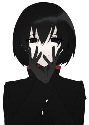 Rule 34 | 1girl, androgynous, arril100, black gloves, black hair, black jacket, bob cut, closed mouth, commentary, gakuran, gloves, hair between eyes, hair over eyes, hands on own face, highres, jacket, long sleeves, looking at viewer, mandarin collar, monogatari (series), naoetsu high school uniform, oshino ougi, pale skin, school uniform, short hair, simple background, smile, solo, straight-on, w arms, white background