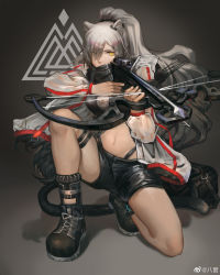 Rule 34 | 1girl, absurdres, animal ears, arknights, arrow (projectile), bachuang, bag, black footwear, black scarf, black shorts, boots, bow (weapon), breasts, cat ears, cat tail, chinese commentary, commentary request, crop top, crossbow, eyes visible through hair, grey background, hair over one eye, highres, holding, holding bow (weapon), holding crossbow, holding weapon, jacket, knee up, long hair, long sleeves, looking at viewer, medium breasts, midriff, navel, on one knee, open clothes, open jacket, scarf, schwarz (arknights), shadow, short shorts, shorts, siesta logo, silver hair, solo, stomach, tail, thigh strap, thighs, very long hair, weapon, white jacket, yellow eyes