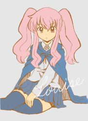 Rule 34 | blouse, blue cape, blue skirt, cape, character name, grey background, hand on lap, hand on leg, looking at viewer, louise francoise le blanc de la valliere, pink eyes, pink hair, shirt, signature, simple background, sitting, skirt, solo, thighhighs, thighs, twintails, white shirt, yasai, zero no tsukaima, zettai ryouiki