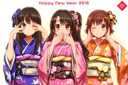 Rule 34 | 10s, 2016, 3girls, ;(, brown eyes, brown hair, covering own mouth, flower, green eyes, grin, hair flower, hair ornament, happy new year, highres, honda mio, idolmaster, idolmaster cinderella girls, japanese clothes, kimono, long hair, looking at viewer, multiple girls, new generations, new year, one eye closed, one side up, open mouth, reco (fortunequest), shibuya rin, shimamura uzuki, short hair, smile, star (symbol), star hair ornament, three monkeys