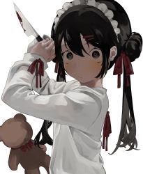 Rule 34 | 1girl, black eyes, black hair, blood, bloody weapon, closed mouth, commentary, crazy, double bun, from side, hair bun, hair ornament, hairclip, highres, holding, holding knife, knife, long hair, long sleeves, looking at viewer, looking to the side, maid headdress, original, red ribbon, ribbon, shirt, simple background, solo, stuffed animal, stuffed toy, teddy bear, toasu, twintails, upper body, weapon, white background, white shirt