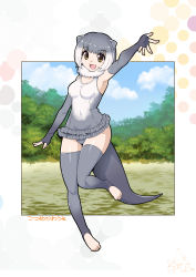 Rule 34 | 10s, animal ears, commentary request, elbow gloves, feet, fingerless gloves, fur collar, gloves, grey hair, highres, kemono friends, multicolored hair, multiple girls, open mouth, otter ears, otter tail, short hair, small-clawed otter (kemono friends), smile, swimsuit, tail, thighhighs, toeless legwear, toes, two-tone hair, umigarasu (kitsune1963)